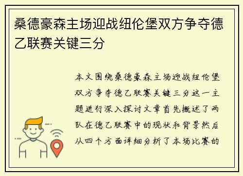 桑德豪森主场迎战纽伦堡双方争夺德乙联赛关键三分